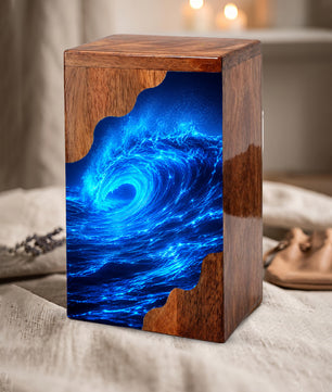 Ocean Wave Wooden Cremation Urn – Eternal Ocean Memorial Urn with Blue Wave Artwork