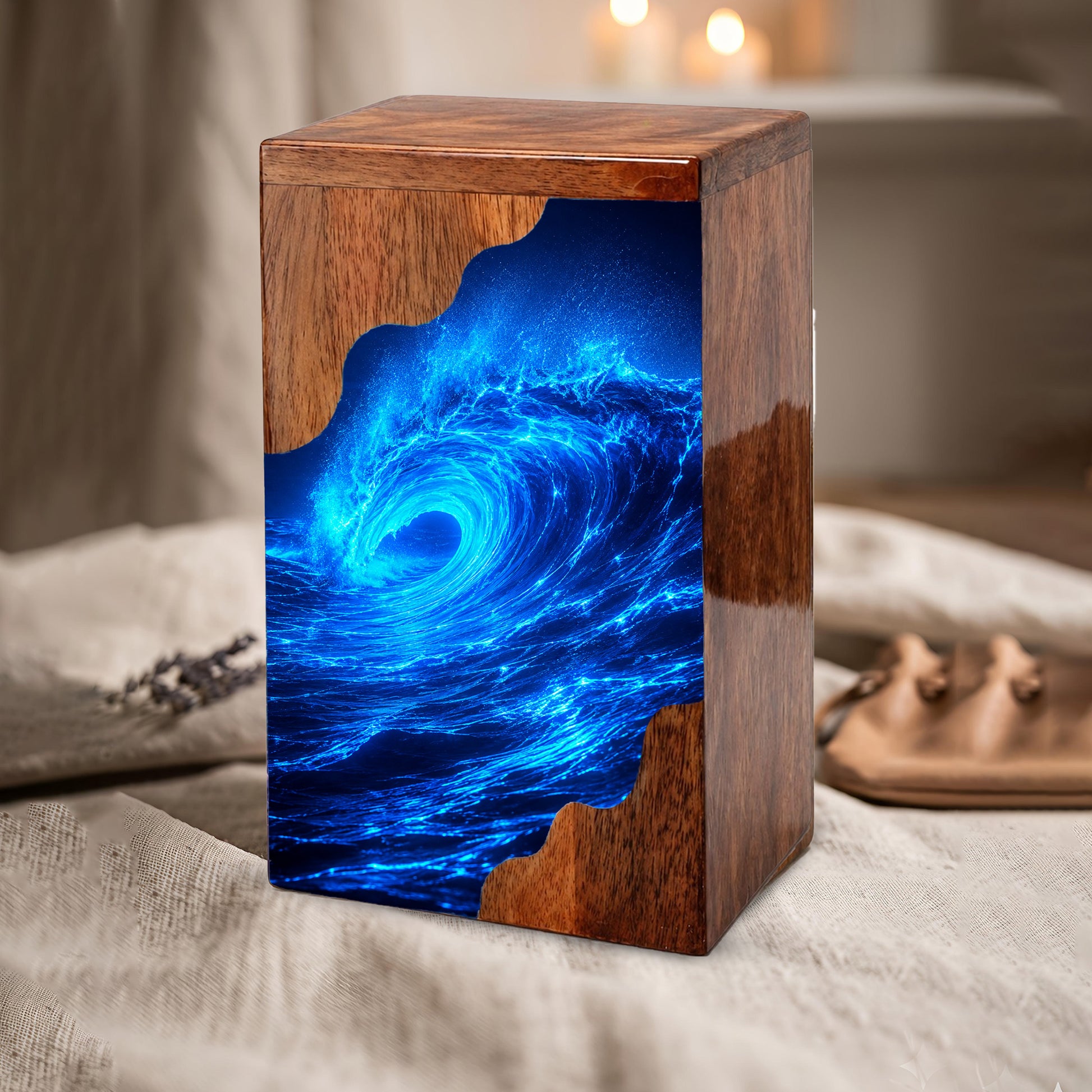 Ocean Wave Wooden Cremation Urn – Eternal Ocean Memorial Urn with Blue Wave Artwork