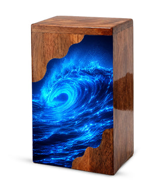 Ocean Wave Wooden Cremation Urn – Eternal Ocean Memorial Urn with Blue Wave Artwork