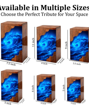 Ocean Wave Wooden Cremation Urn – Eternal Ocean Memorial Urn with Blue Wave Artwork
