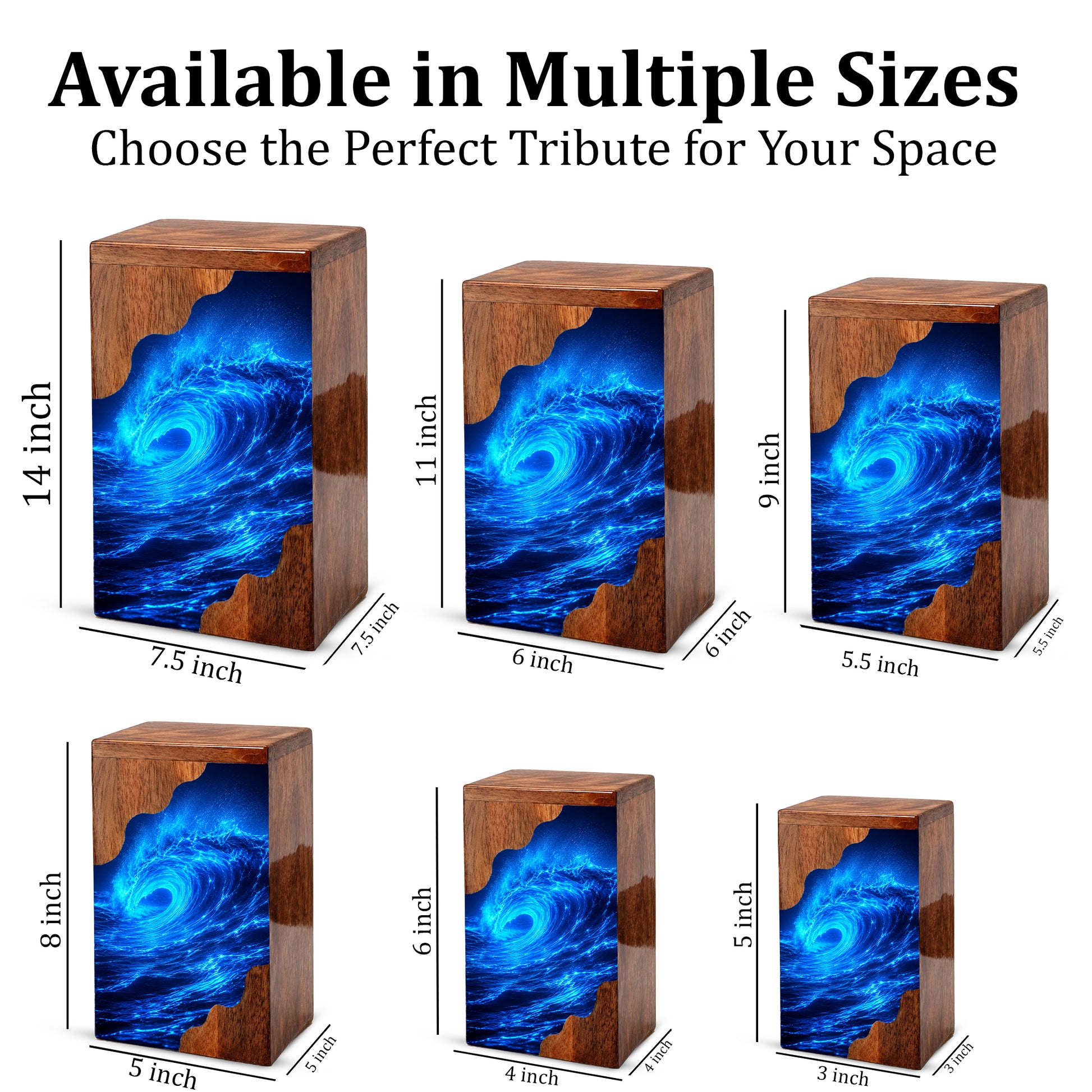 Ocean Wave Wooden Cremation Urn – Eternal Ocean Memorial Urn with Blue Wave Artwork