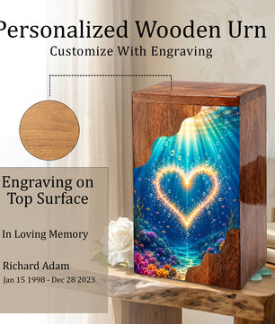 Personalized Ocean Heart Wooden Cremation Urn – Custom Memorial Urn with Underwater Heart