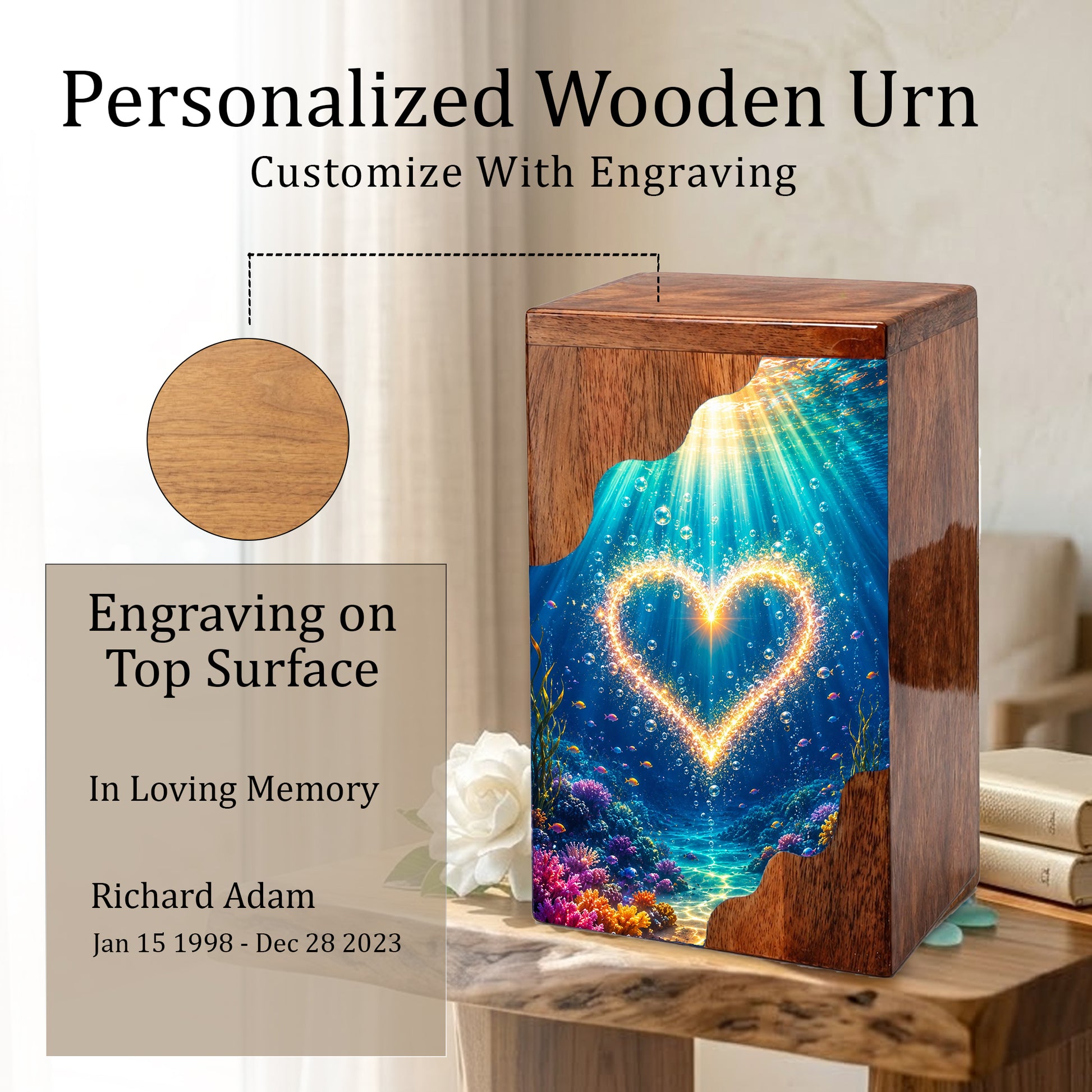 Personalized Ocean Heart Wooden Cremation Urn – Custom Memorial Urn with Underwater Heart