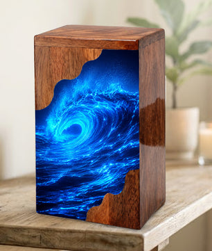 Ocean Wave Wooden Cremation Urn – Eternal Ocean Memorial Urn with Blue Wave Artwork