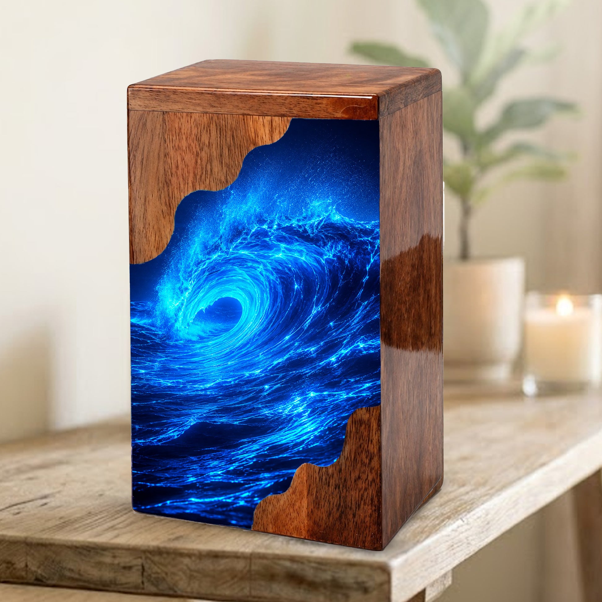 Ocean Wave Wooden Cremation Urn – Eternal Ocean Memorial Urn with Blue Wave Artwork