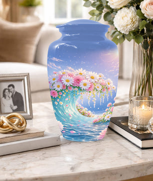 Daisy Flower Cremation Urn for Ashes - Ocean Wave Memorial Keepsake Urns for Women