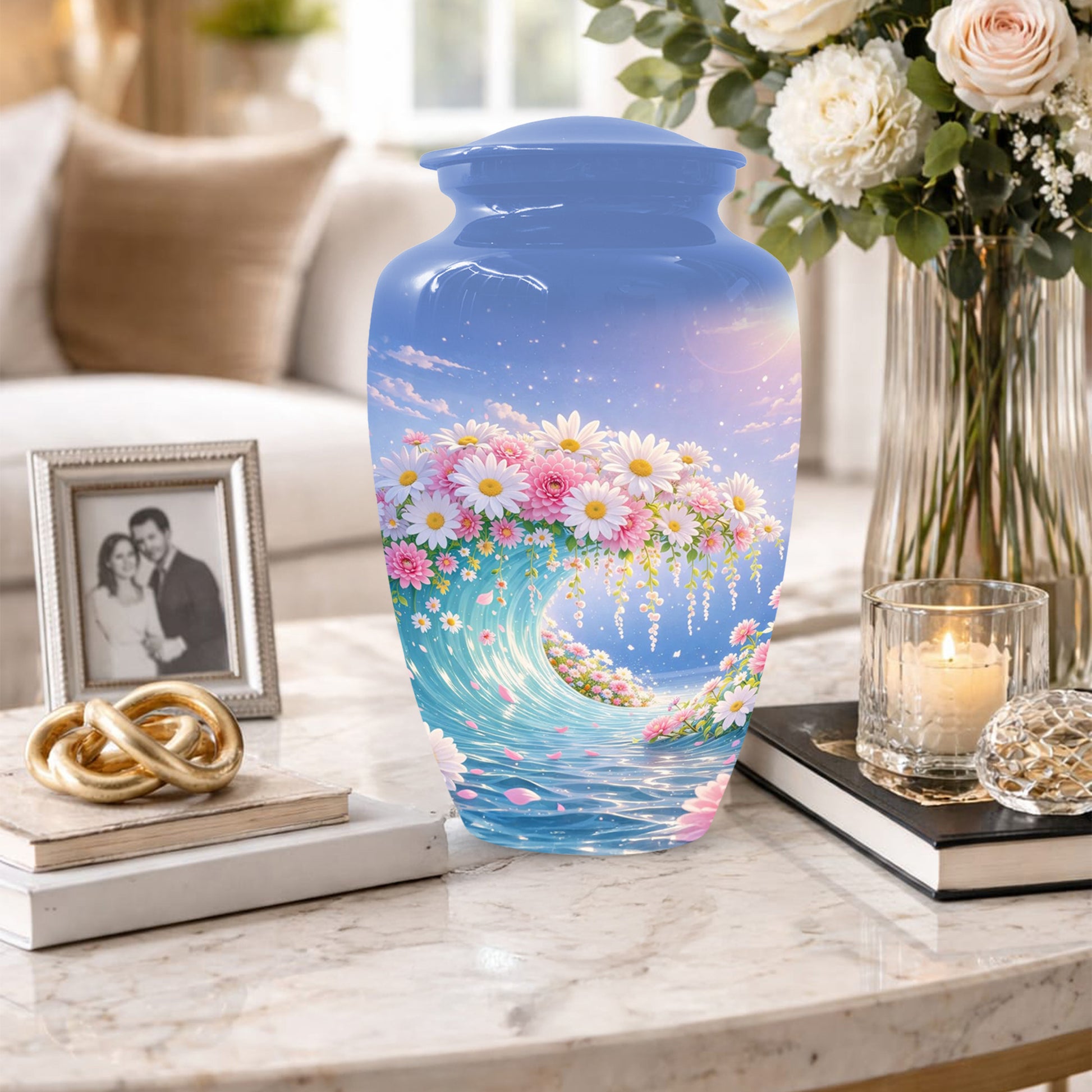 Daisy Flower Cremation Urn for Ashes - Ocean Wave Memorial Keepsake Urns for Women