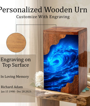 Ocean Wave Wooden Cremation Urn – Eternal Ocean Memorial Urn with Blue Wave Artwork