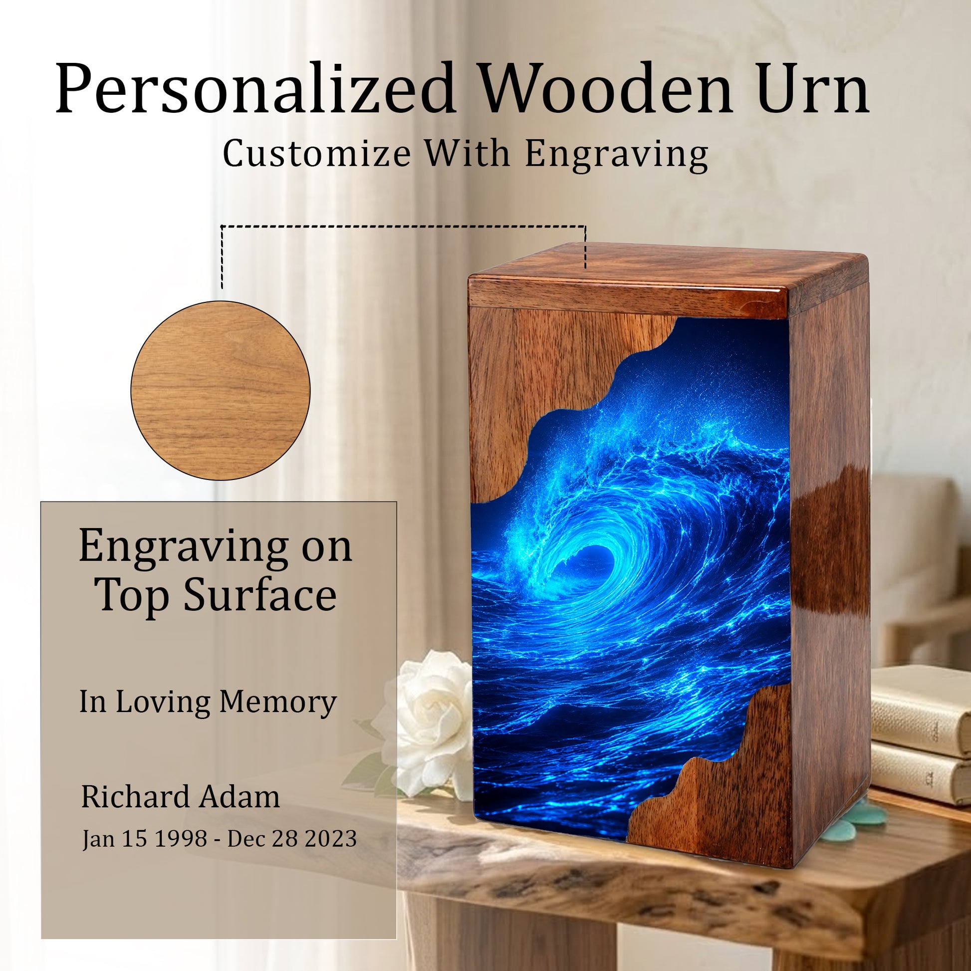Ocean Wave Wooden Cremation Urn – Eternal Ocean Memorial Urn with Blue Wave Artwork