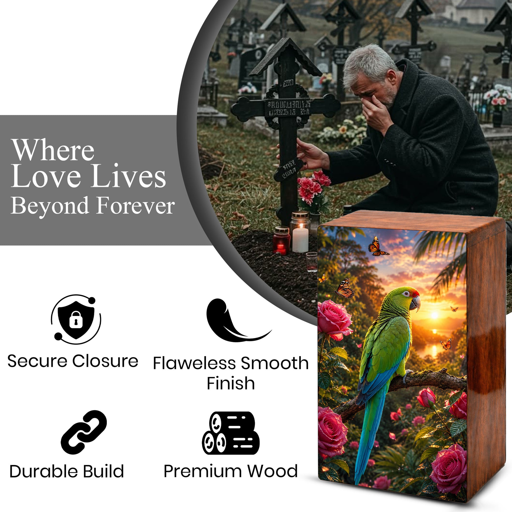 Parrot Wooden Urn For Adults - Bird Cremation Urns For Male and Female