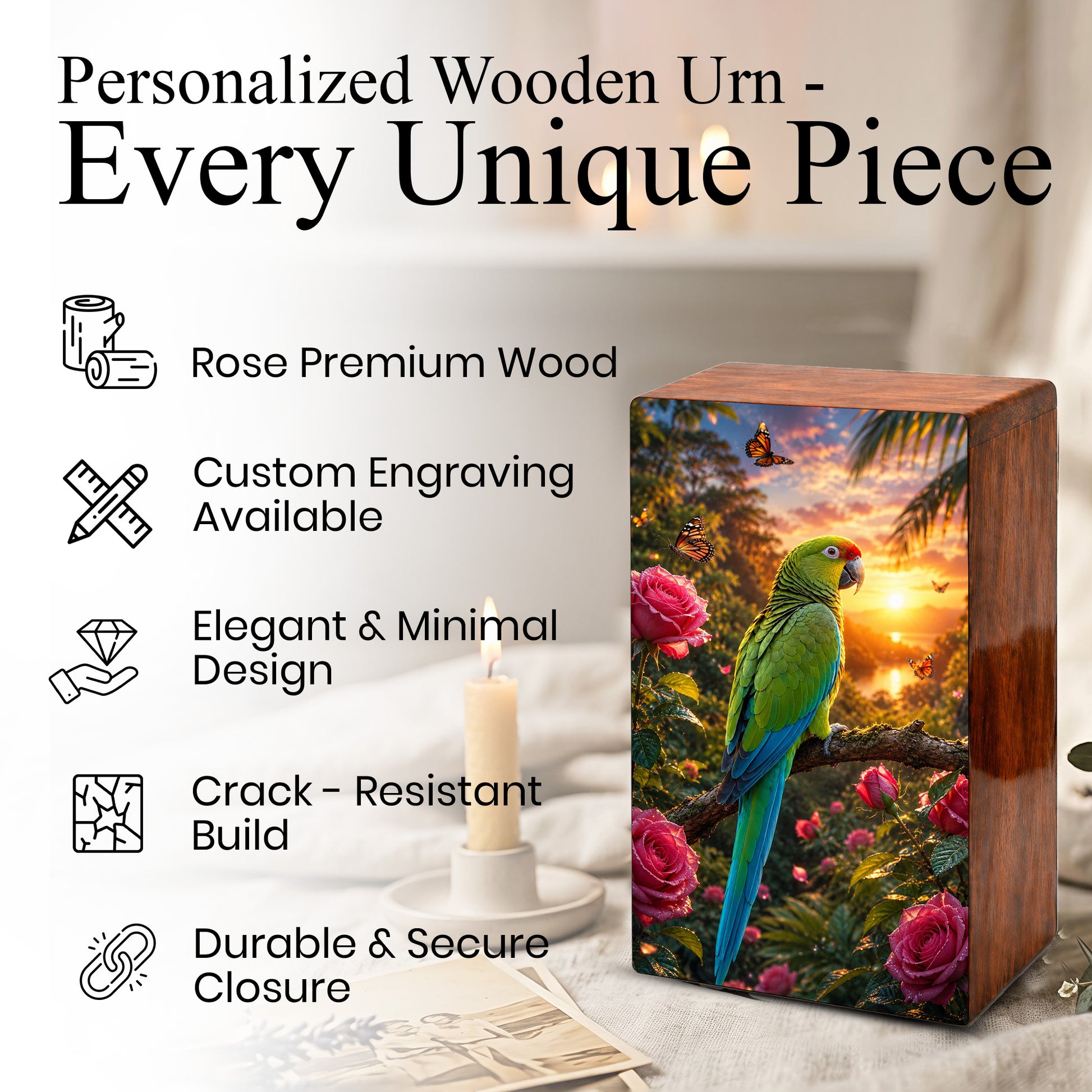 Parrot Wooden Urn For Adults - Bird Cremation Urns For Male and Female