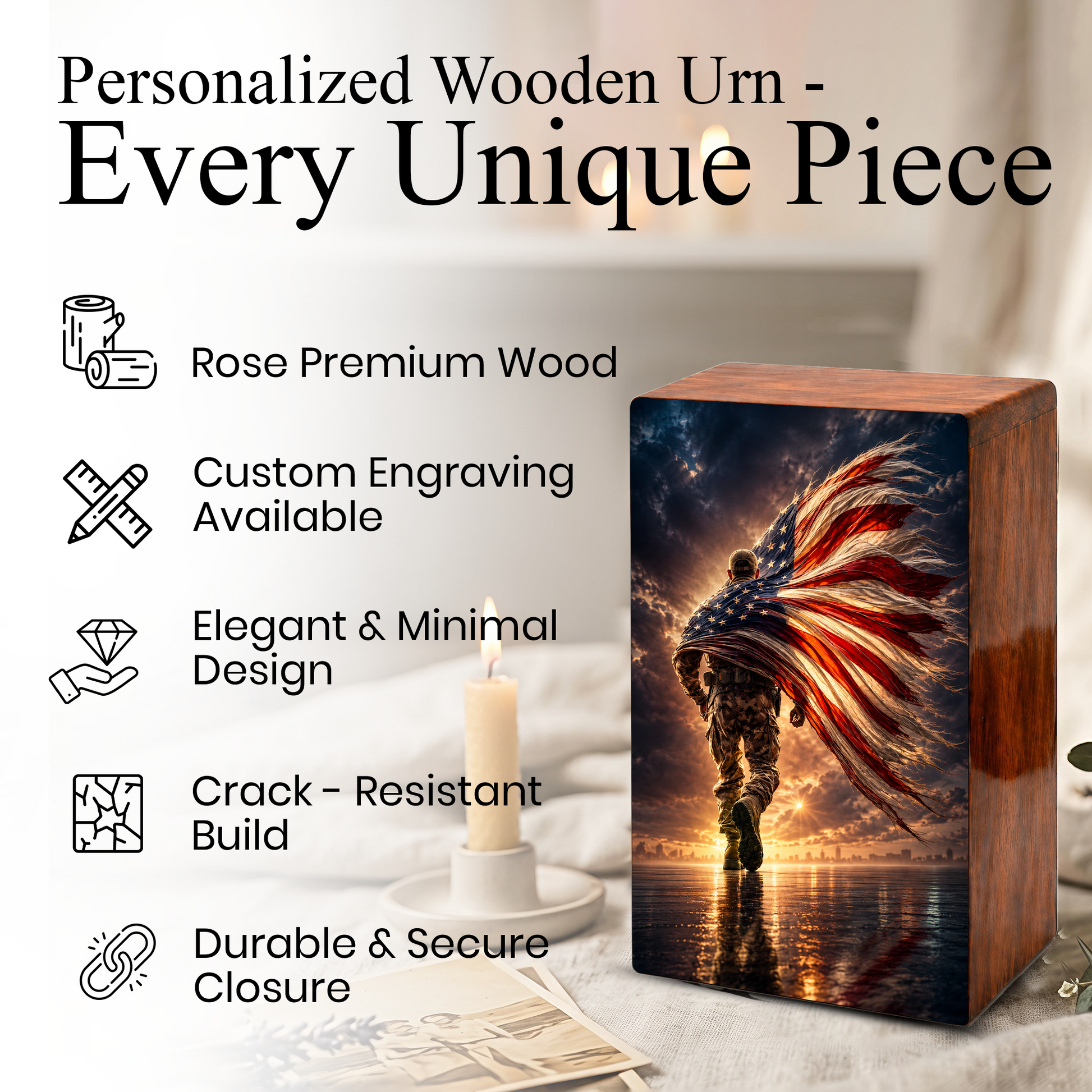 Military Urn For Ashes Male - Patriotic Veteran Wooden Cremation Urns For Dad