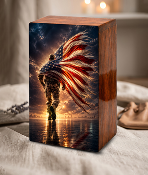 Military Urn For Ashes Male - Patriotic Veteran Wooden Cremation Urns For Dad