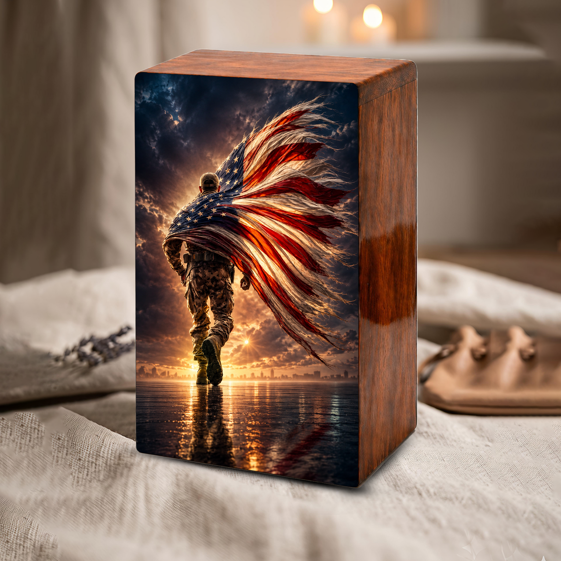 Military Urn For Ashes Male - Patriotic Veteran Wooden Cremation Urns For Dad