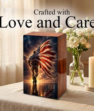Military Urn For Ashes Male - Patriotic Veteran Wooden Cremation Urns For Dad