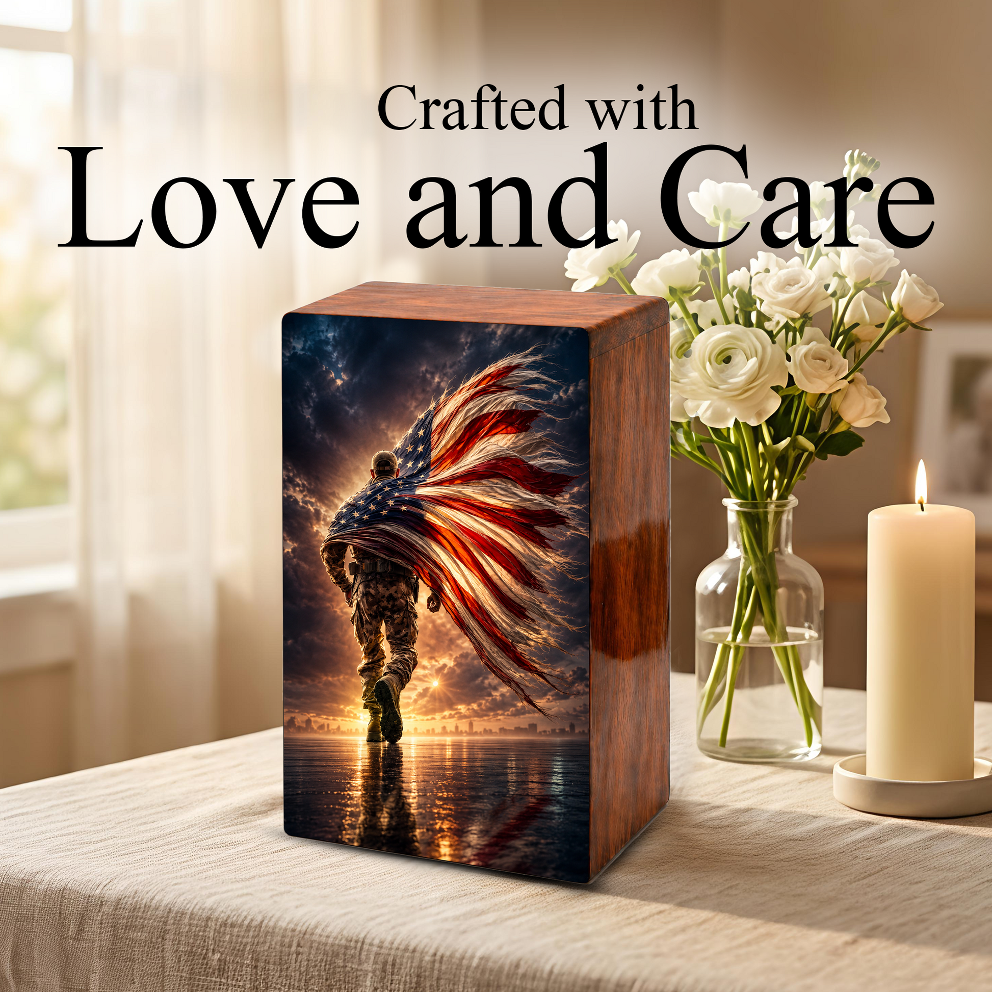 Military Urn For Ashes Male - Patriotic Veteran Wooden Cremation Urns For Dad