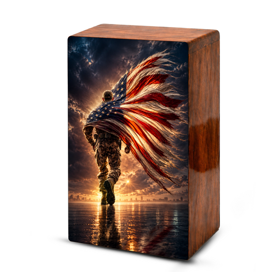Military Urn For Ashes Male - Patriotic Veteran Wooden Cremation Urns For Dad