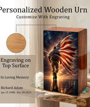 Military Urn For Ashes Male - Patriotic Veteran Wooden Cremation Urns For Dad