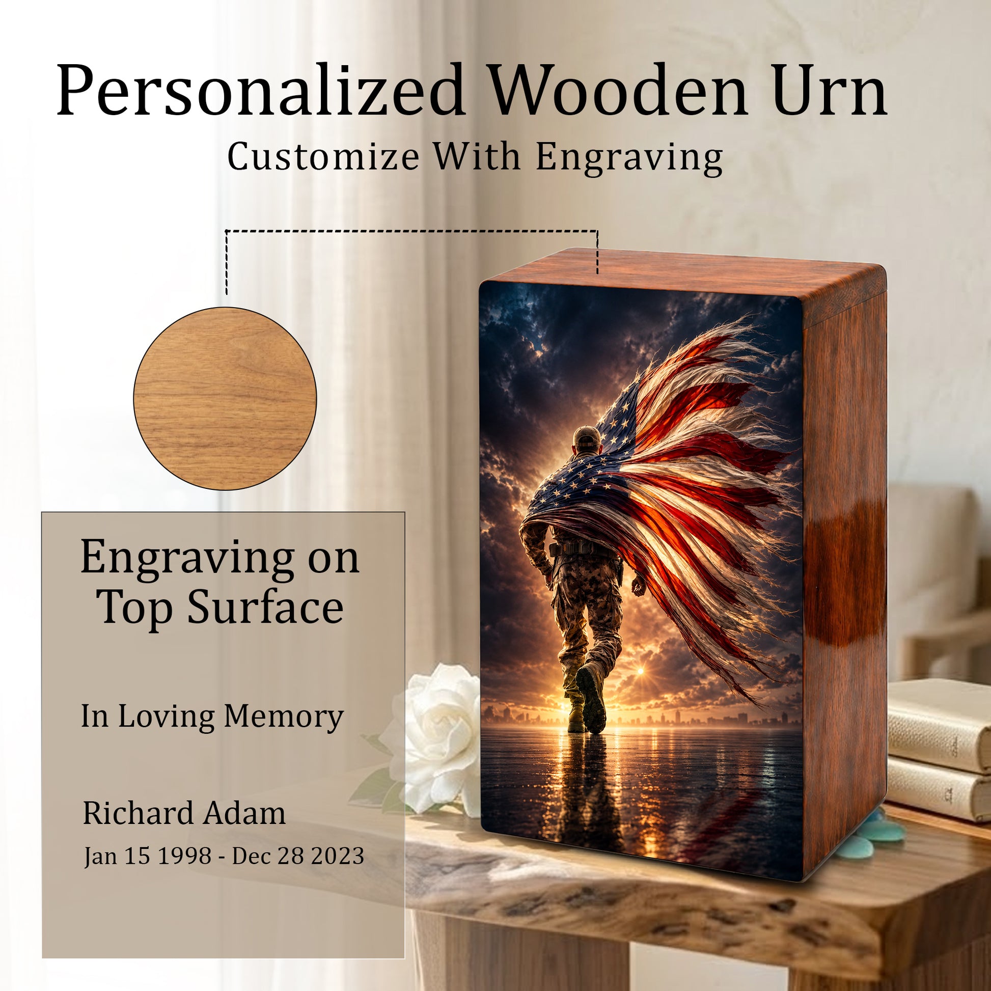 Military Urn For Ashes Male - Patriotic Veteran Wooden Cremation Urns For Dad