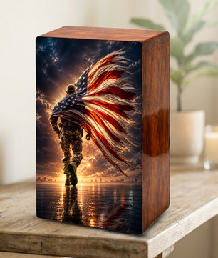 Military Urn For Ashes Male - Patriotic Veteran Wooden Cremation Urns For Dad