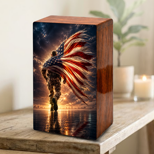 Military Urn For Ashes Male - Patriotic Veteran Wooden Cremation Urns For Dad