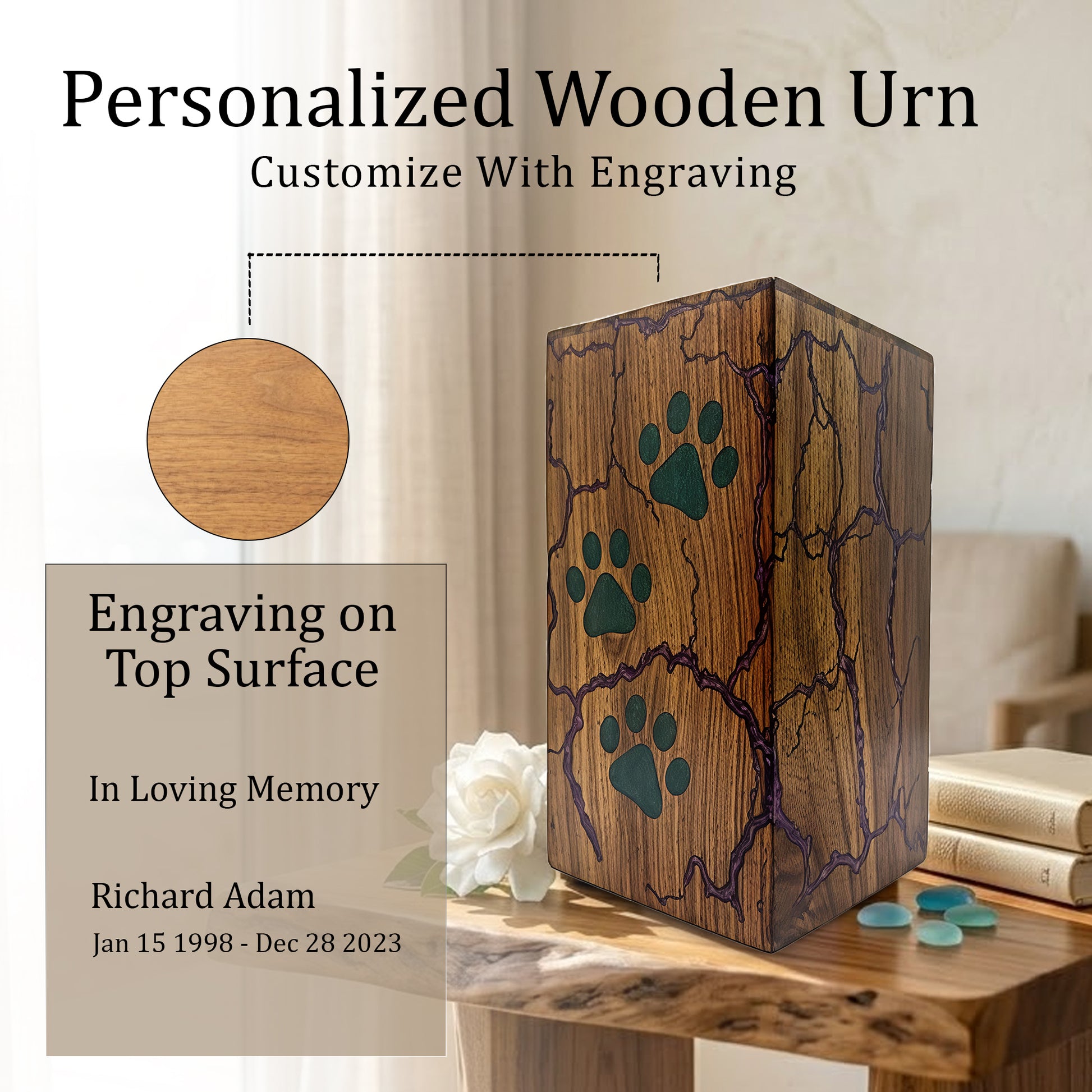 Paws Print Urn For Dog Ashes - Wooden Keepsake Mini Box Urns For Pet