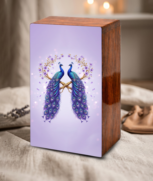 Peacock Companion Urn For Human Ashes - Wooden Peacock Couple Keepsake Box