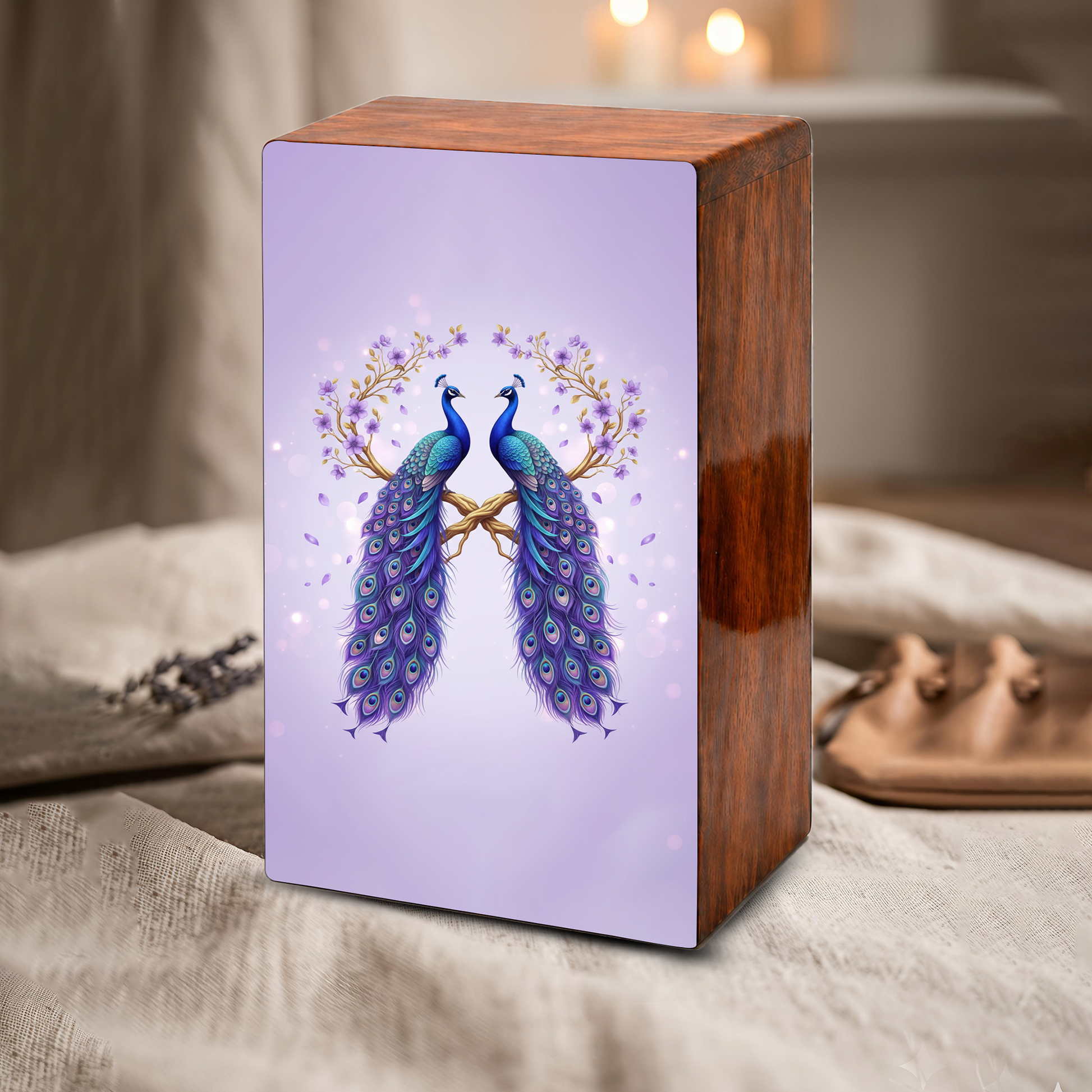 Peacock Companion Urn For Human Ashes - Wooden Peacock Couple Keepsake Box