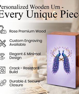 Peacock Companion Urn For Human Ashes - Wooden Peacock Couple Keepsake Box