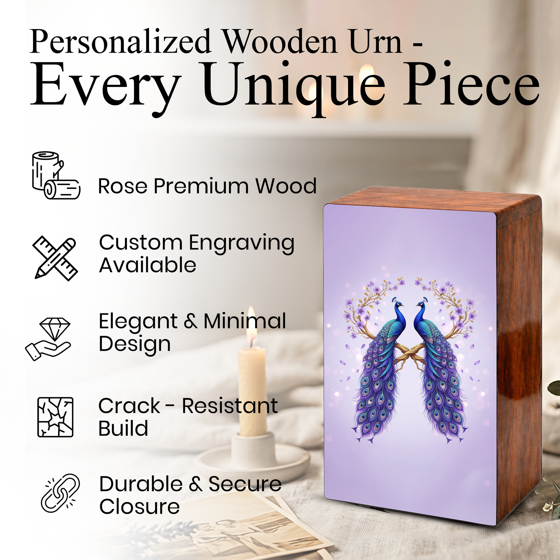 Peacock Companion Urn For Human Ashes - Wooden Peacock Couple Keepsake Box