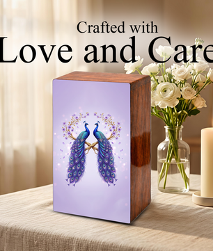 Peacock Companion Urn For Human Ashes - Wooden Peacock Couple Keepsake Box