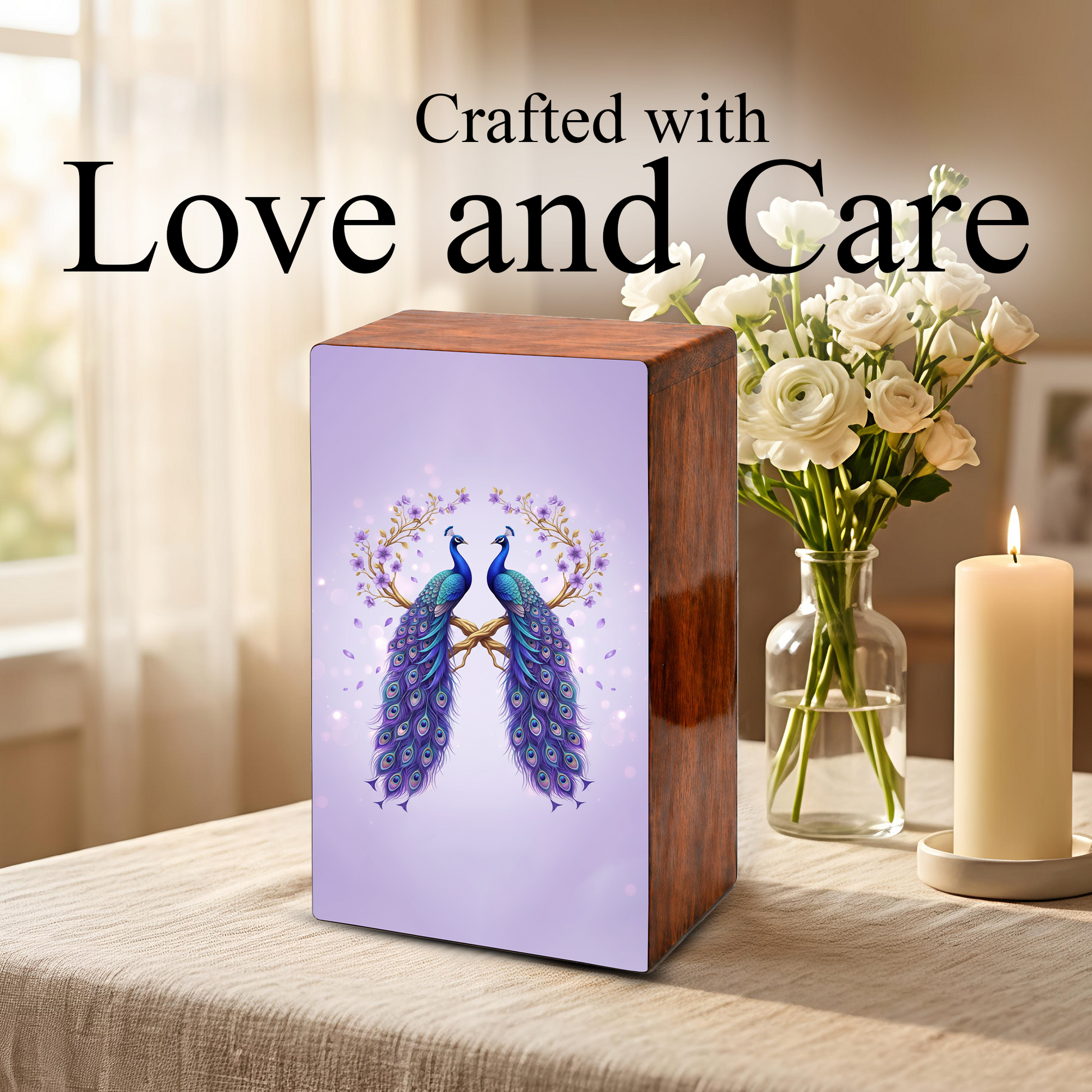 Peacock Companion Urn For Human Ashes - Wooden Peacock Couple Keepsake Box