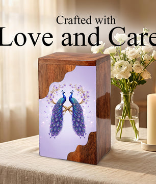 Royal Peacock Wooden Cremation Urn – Elegant Peacock Memorial Wooden Urn for Human Ashes