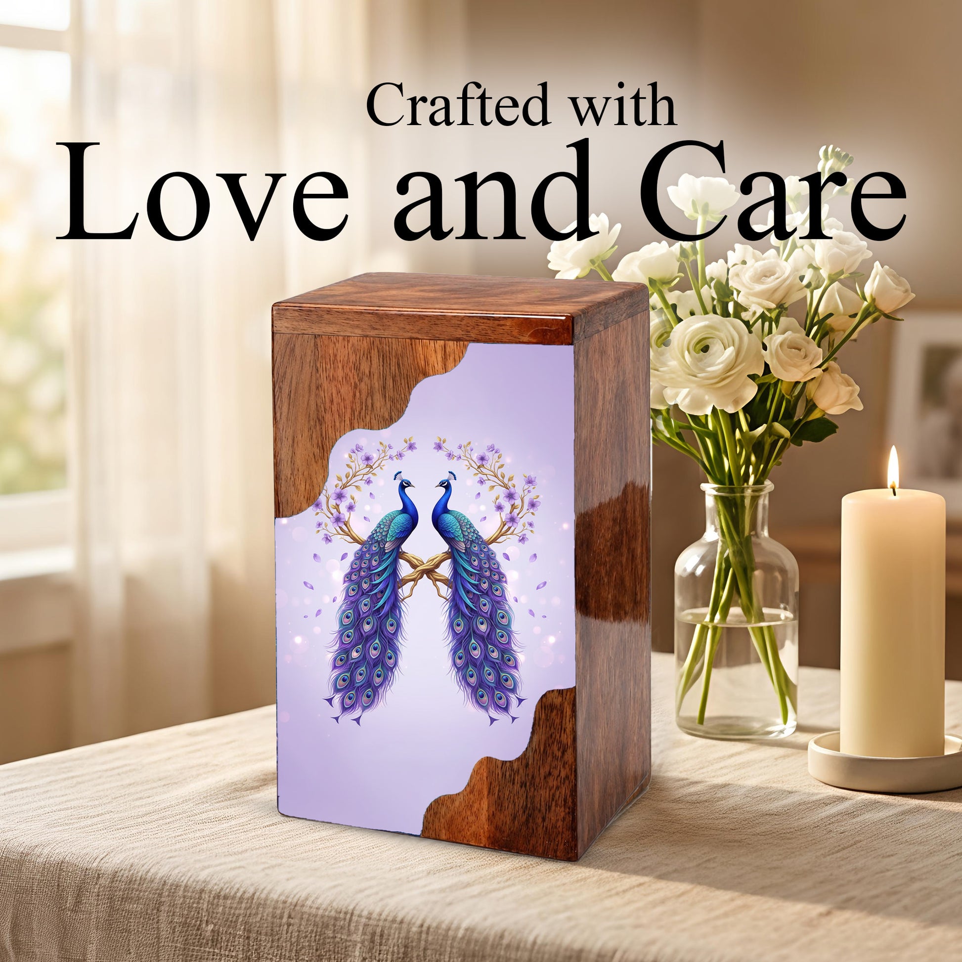 Royal Peacock Wooden Cremation Urn – Elegant Peacock Memorial Wooden Urn for Human Ashes