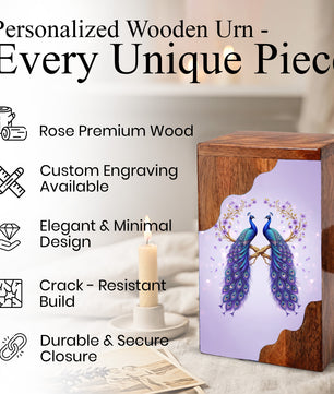 Royal Peacock Wooden Cremation Urn – Elegant Peacock Memorial Wooden Urn for Human Ashes