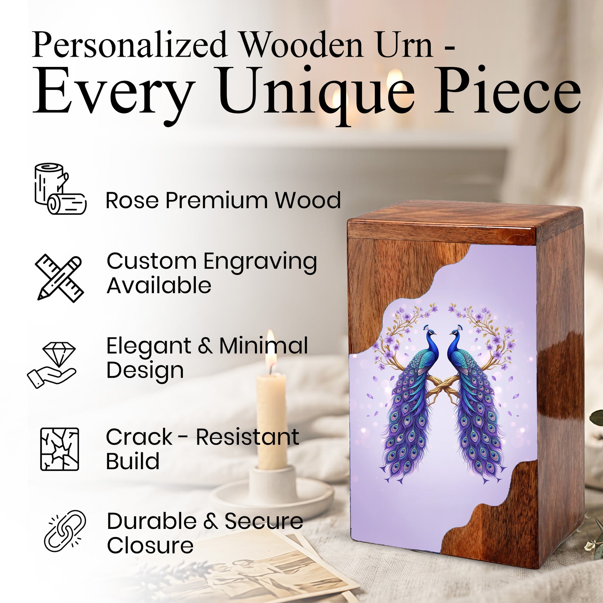 Royal Peacock Wooden Cremation Urn – Elegant Peacock Memorial Wooden Urn for Human Ashes