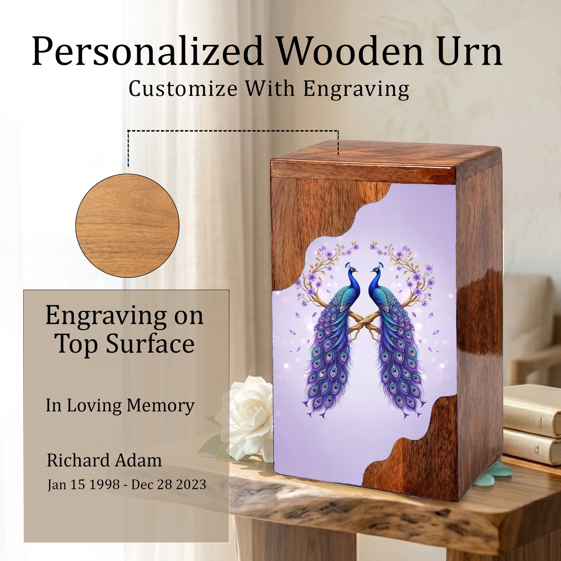 Royal Peacock Wooden Cremation Urn – Elegant Peacock Memorial Wooden Urn for Human Ashes