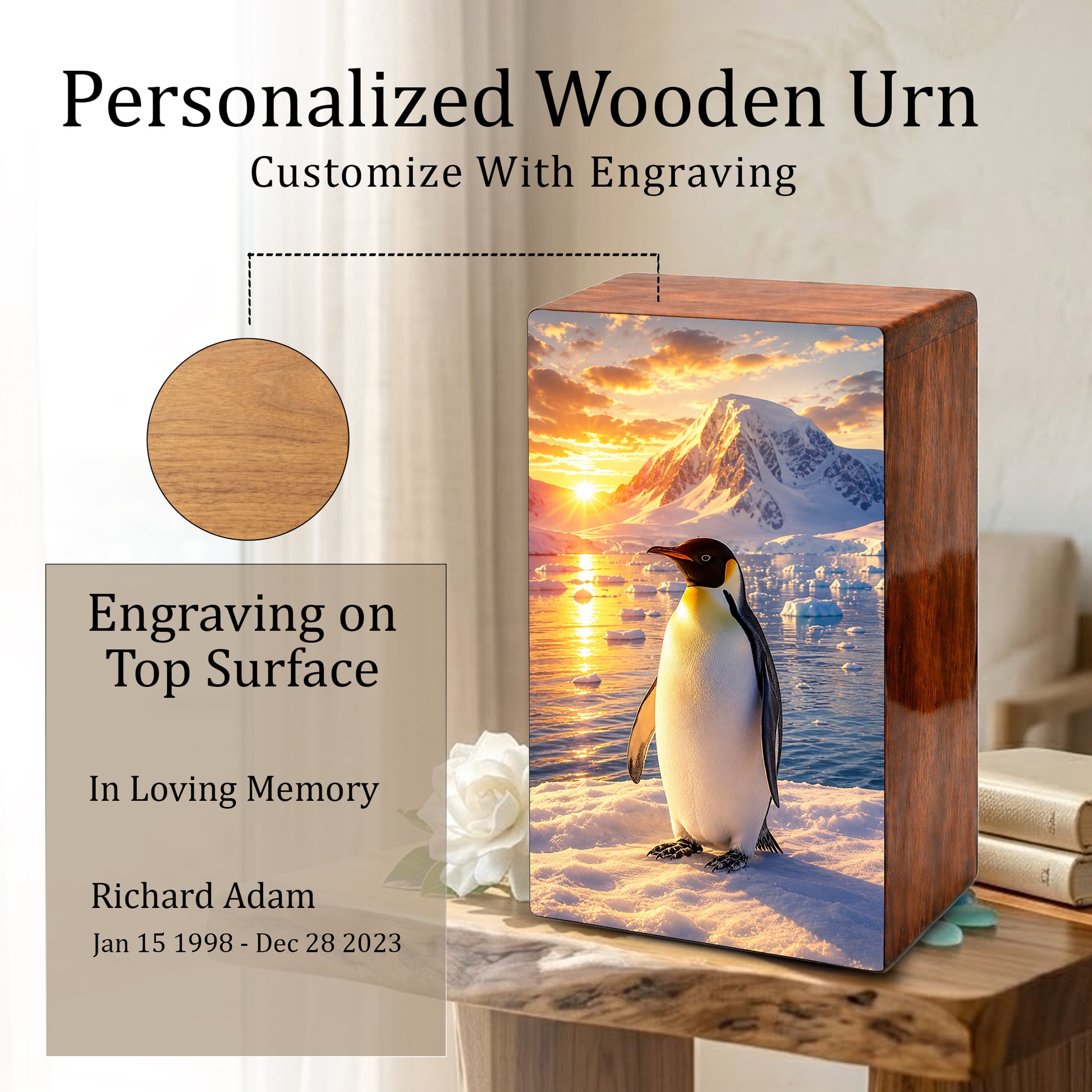 Penguin Cremation Urn For Ashes - Personalized Mountains Wildlife keepsake For Adults