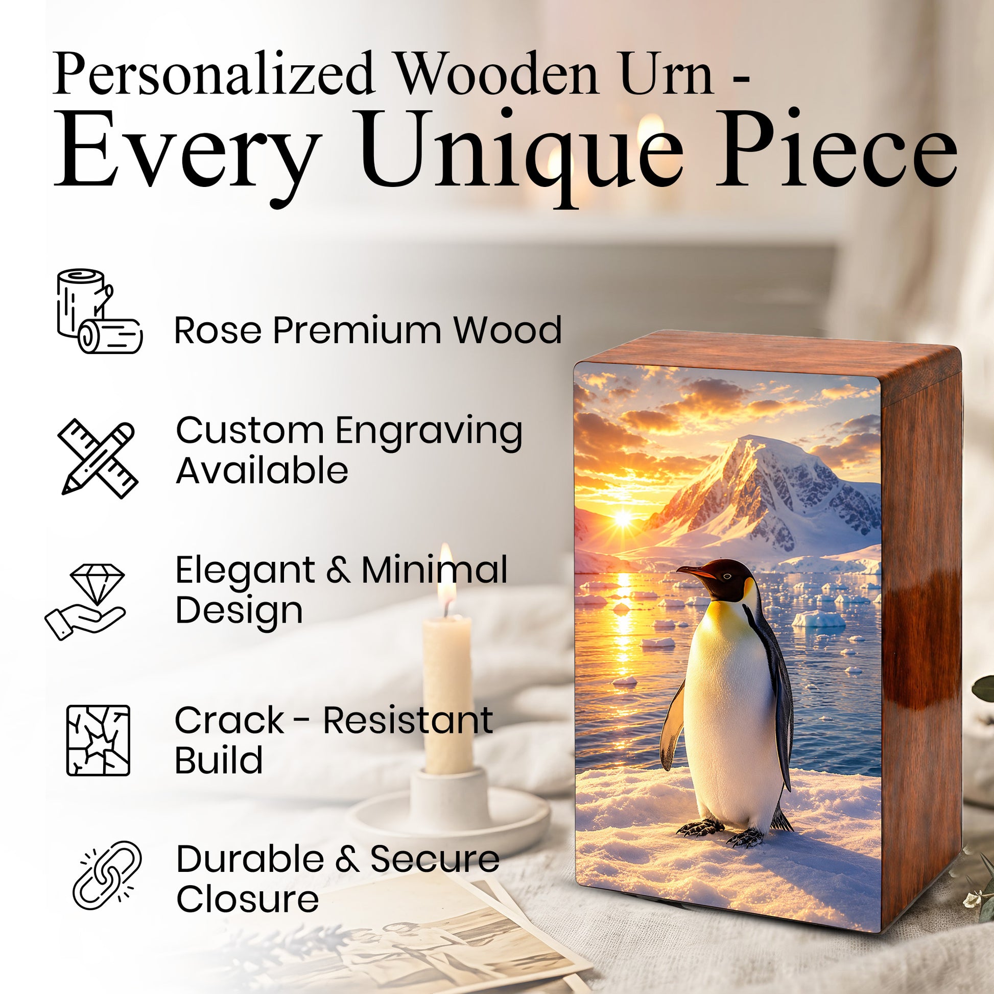 Penguin Cremation Urn For Ashes - Personalized Mountains Wildlife keepsake For Adults