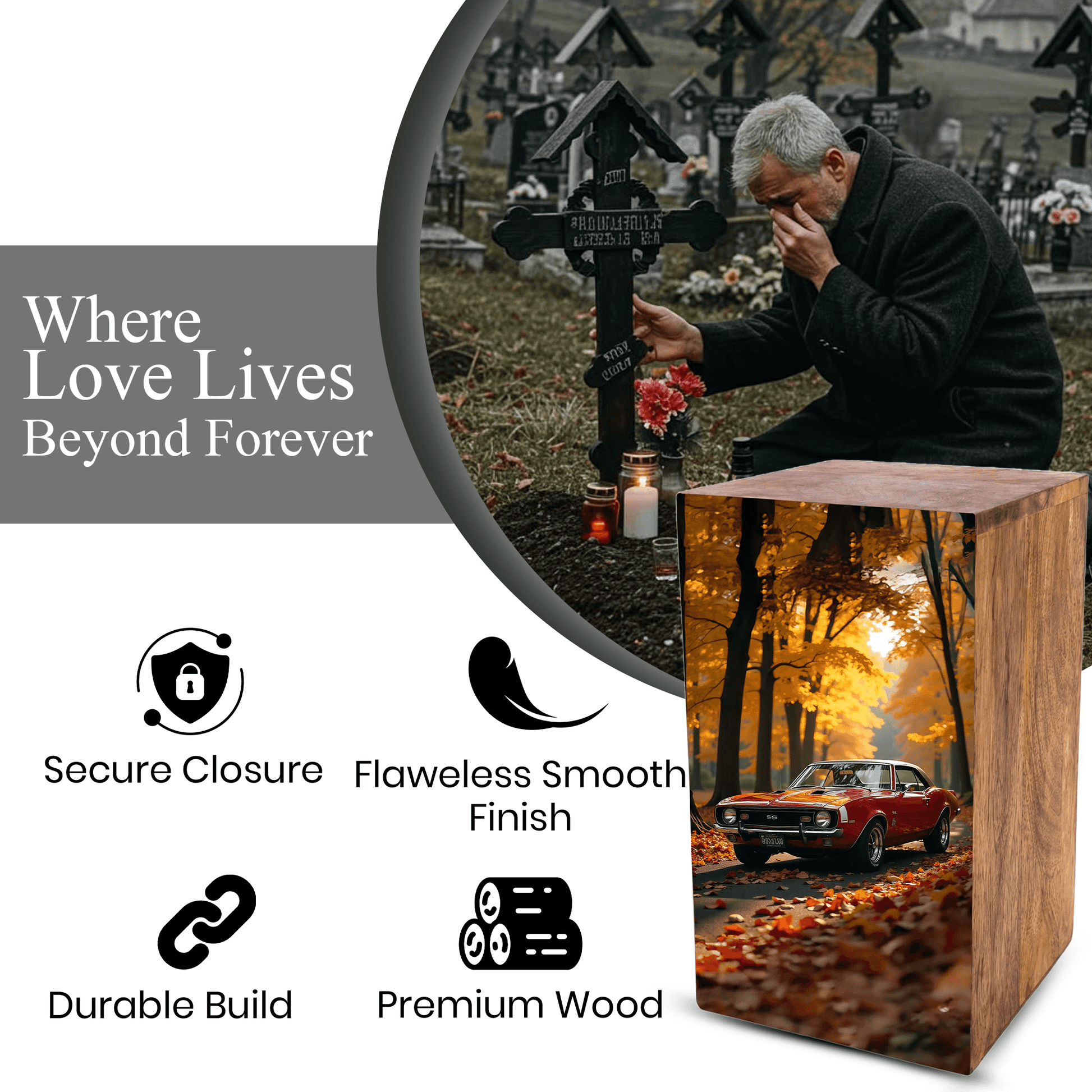 Classic Car Urn For Ashes Male - Decorative Wooden Keepsake Urn Box