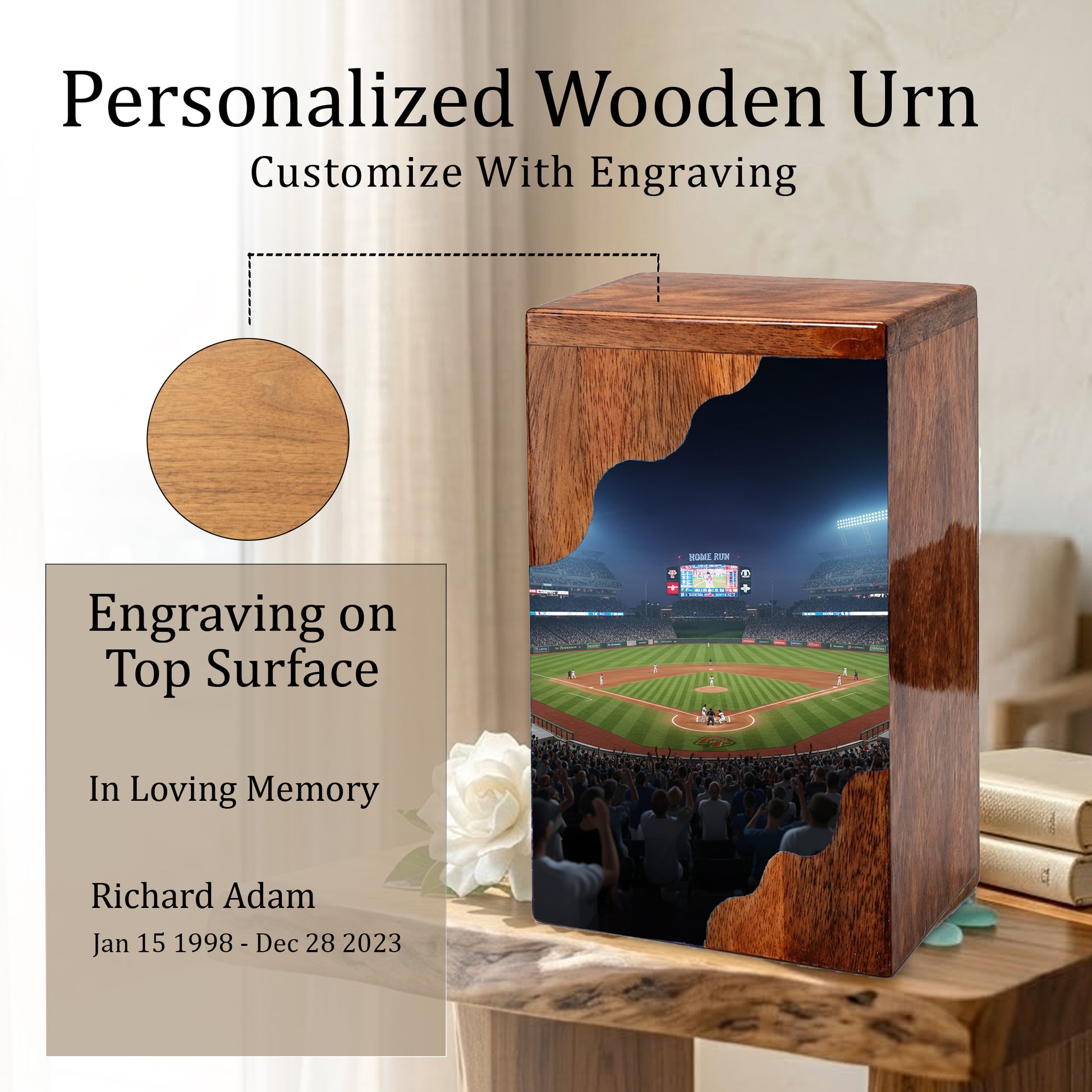 Baseball Cremation Urn for Dad – Custom Wooden Memorial Urn Box for Ashes