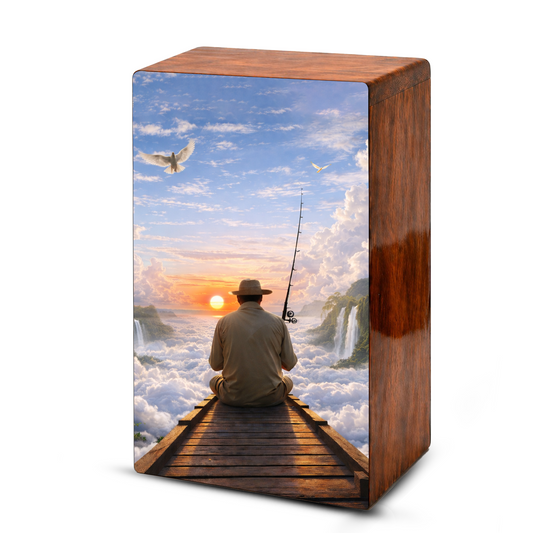 Gone Fishing in Heaven Urn For Ashes - Fisherman Wooden Cremation Keepsake Box For Male