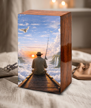 Gone Fishing in Heaven Urn For Ashes - Fisherman Wooden Cremation Keepsake Box For Male