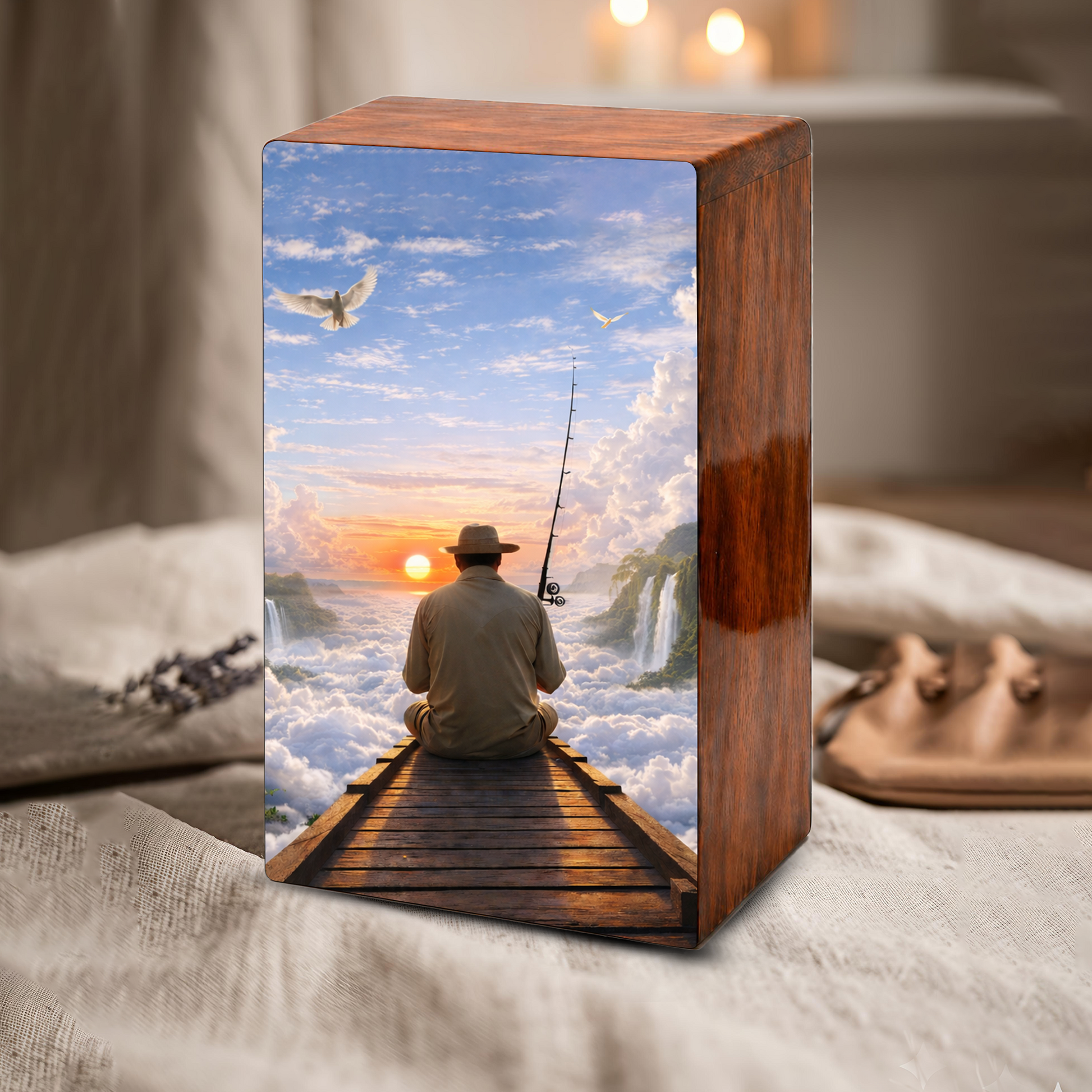 Gone Fishing in Heaven Urn For Ashes - Fisherman Wooden Cremation Keepsake Box For Male