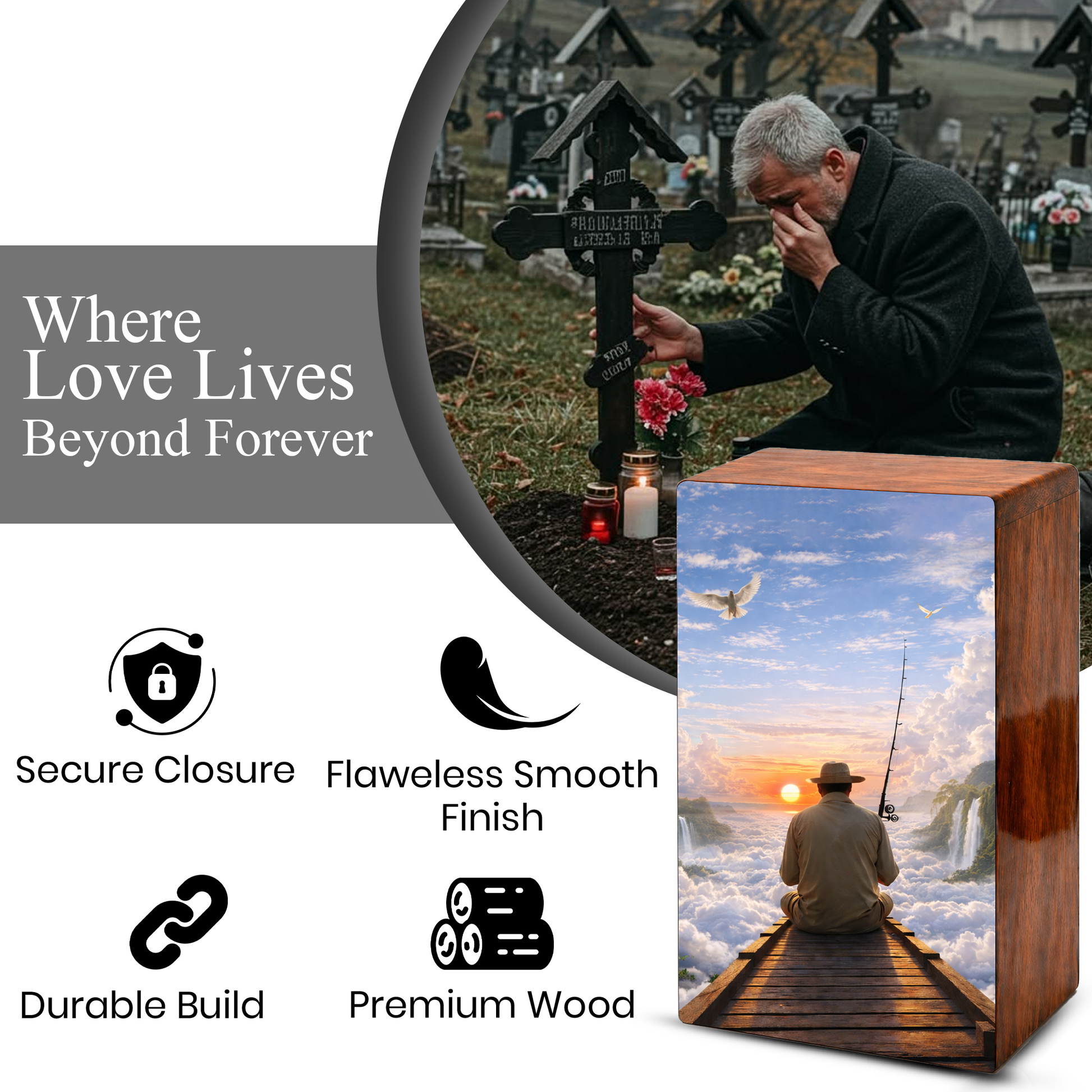 Gone Fishing in Heaven Urn For Ashes - Fisherman Wooden Cremation Keepsake Box For Male