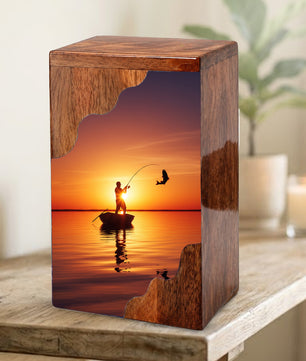 Fishing Cremation Urn for Dad – Custom Wooden Memorial Urn Box for Ashe