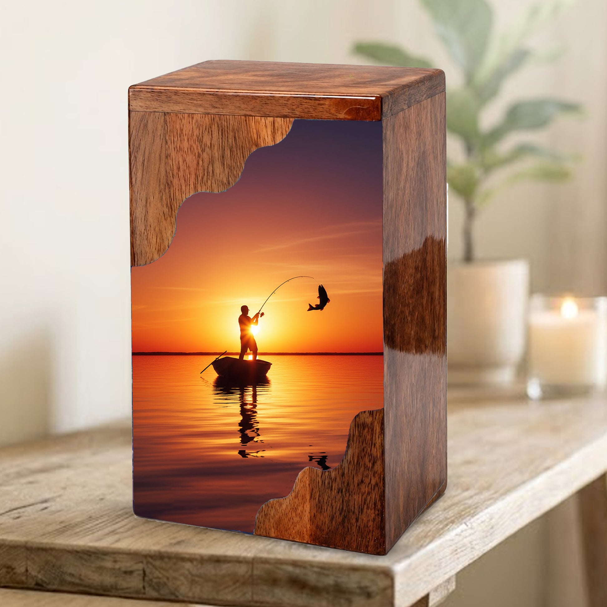 Fishing Cremation Urn for Dad – Custom Wooden Memorial Urn Box for Ashe