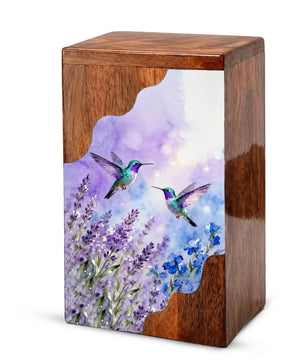 Purple Hummingbird Cremation Urn - Humming Bird Wooden Keepsake Urn Box