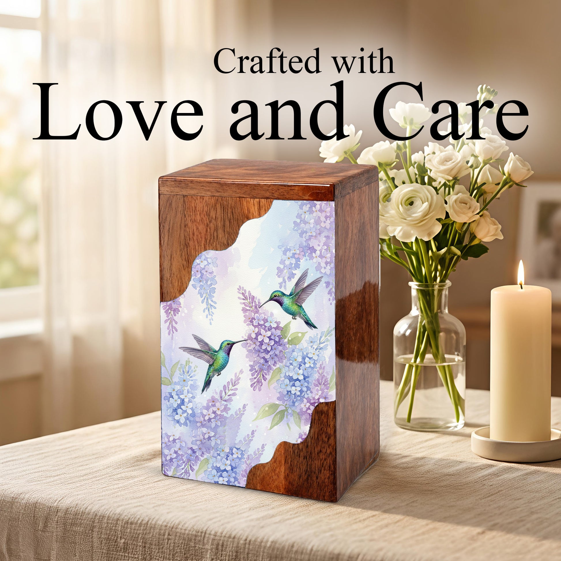 Green Hummingbird Cremation Urn - Humming Bird Wooden Keepsake Urn Box