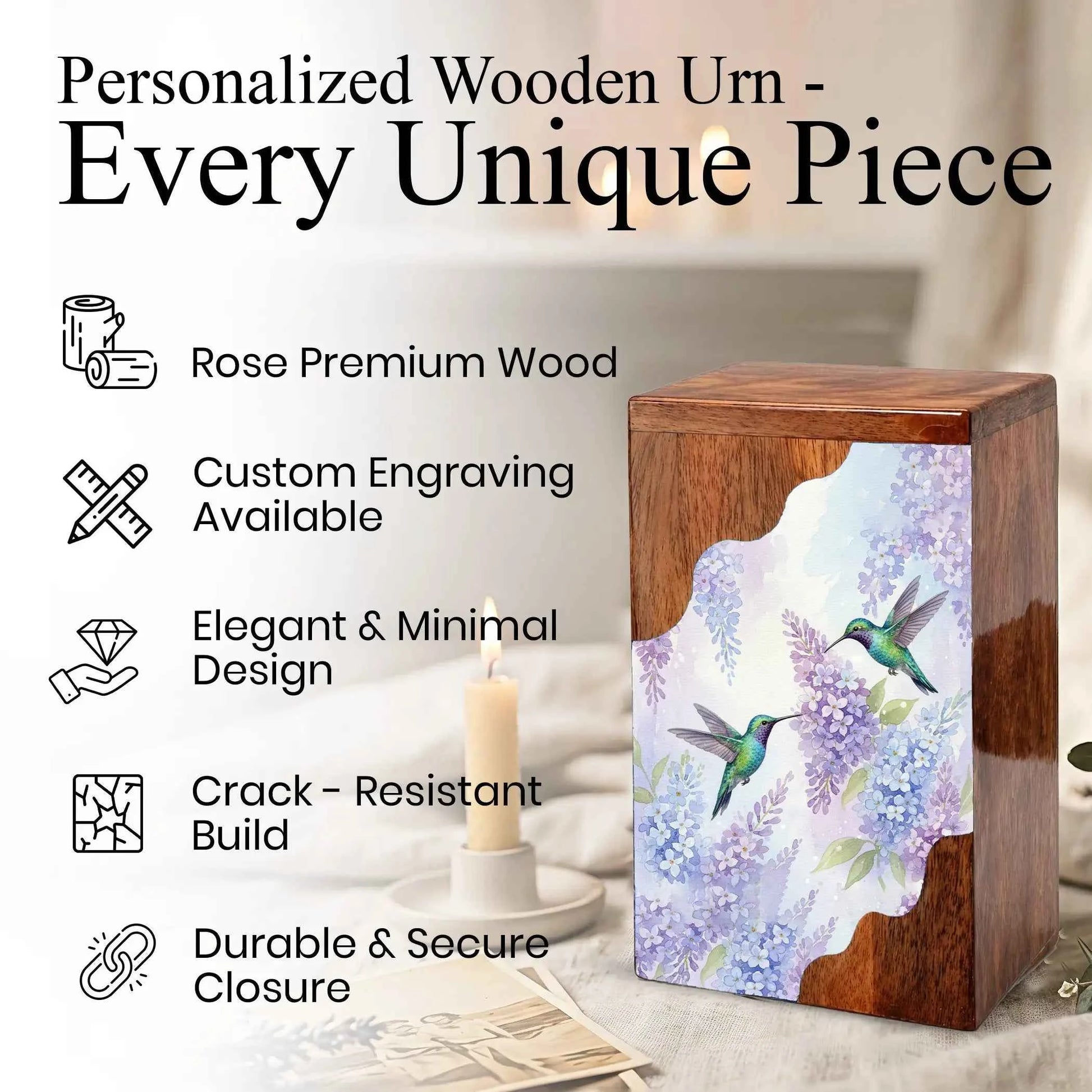 Green Hummingbird Cremation Urn - Humming Bird Wooden Keepsake Urn Box